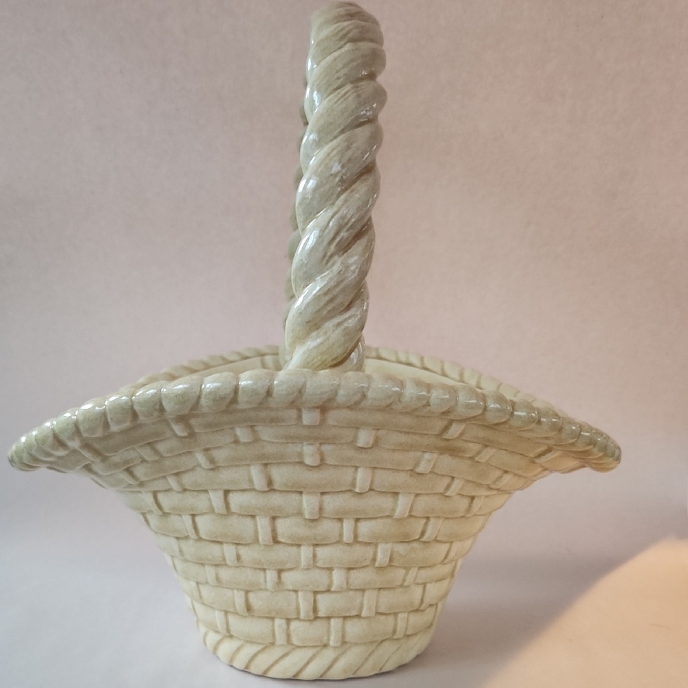 Vintage Woven Ceramic Basket with Handle Dated 1969